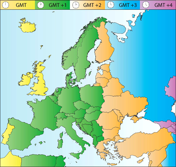 map of europe countries. Map with time zones in Europe