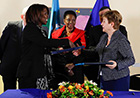 from left to right: Anthony Lake, Executive Director of the Unicef (United Nations Children's Fund) (hidden), Ertharin Cousin, Executive Director of the United Nations World Food Program (WFP), Valerie Amos, UN Under-Secretary General for Humanitarian Affairs and Emergency Relief Coordinator, José Manuel Barroso (hidden) and Kristalina Georgieva