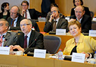 Commissioners Kristalina Georgieva and Janusz Lewandoski at a hearing at the European Parliament on Humanitarian Aid.