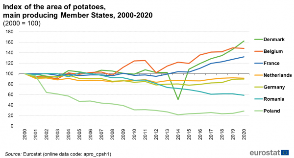 a line chart with seven lines showing the index of the area of potatoes, main producing Member States from 2000 to 2020, the lines show the countries, Denmark, Belgium, France, Netherlands, Germany, Romania, Poland.