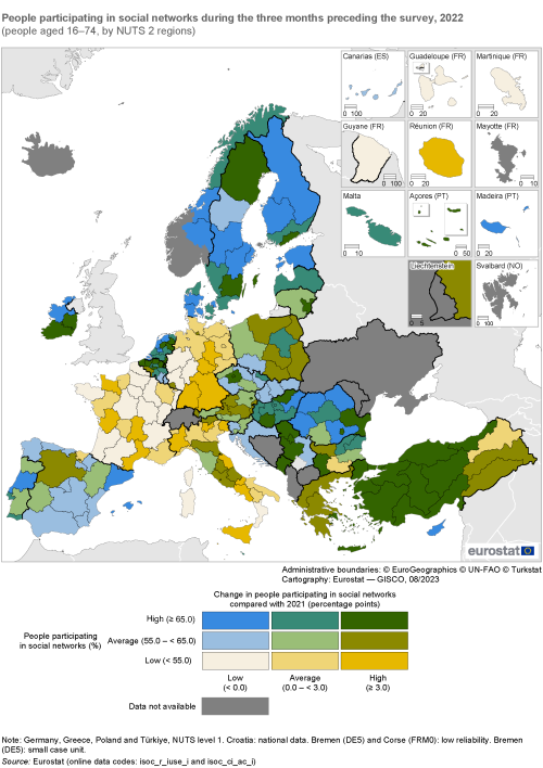 Map showing people participating in social networks during the three months preceding the survey as percentage share of people aged 16 to 74 years by NUTS 2 regions in the EU and surrounding countries. Each region is colour-coded based on a percentage range for the year 2022.