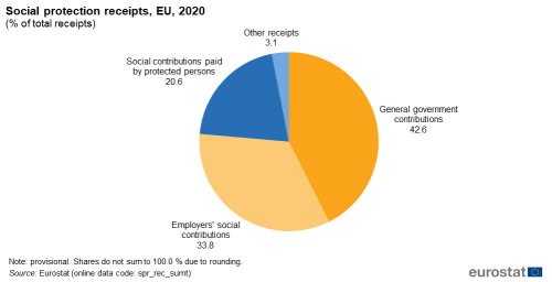a pie chart showing the Social protection receipts in the EU in 2020 as a percentage of total receipts. The segments show general government contributions, employers’ social contributions, social contributions paid by other persons and other receipts.
