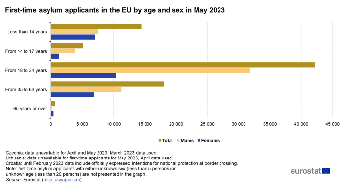 Horizontal bar chart showing first-time asylum applicants in the EU by age and sex in May 2023. Five age categories are shown, less than 14 years, from 14 to 17 years, from 18 to 34 years, from 35 to 64 years and 65 years or over. Each category has three bars representing the total number of persons, males and females.