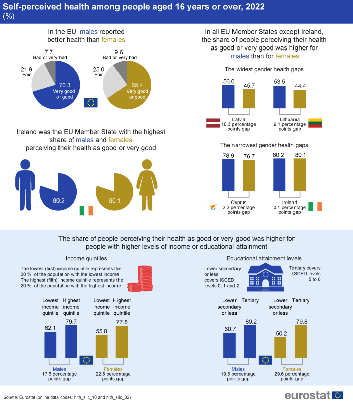 An infographic showing self-perceived health among people aged 16 years or over. Data are shown for the share of males and females reporting very good, good, fair, bad or very bad health and for the share of people perceiving their health as good or very good by income quintile and educational attainment. Data are shown in percent and as a gap in percentage points, for 2022, for the EU and selected EU Member States. The complete data of the visualisation are available in the Excel file at the end of the article.