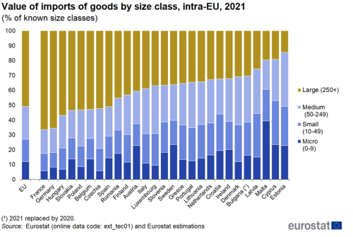 A stacked vertical bar chart showing the value of intra-EU imports of goods by size class for the year 2021. Data are shown as a percentage of known size classes for the EU and the EU Member States.