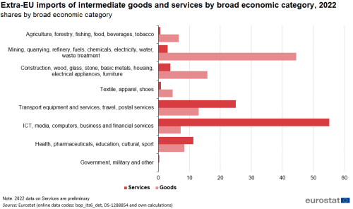 a double horizontal bar chart showing Extra-EU imports of intermediate goods and services by broad economic category in 2022 as shares in total imports by BEC. The bars for each category show goods and services. There are eight categories.