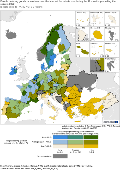 Map showing people ordering goods or services over the internet for private use during the 12 months preceding the survey as percentage share of people aged 16 to 74 years by NUTS 2 regions in the EU and surrounding countries. Each region is colour-coded based on a percentage range for the year 2022.
