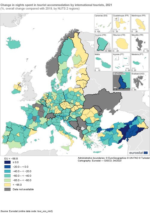 Map showing change in nights spent in tourist accommodation by international tourists in the year 2021 as percentage overall change compared with 2019 by NUTS 2 regions in the EU and surrounding countries. Each region is classified based on a percentage range.