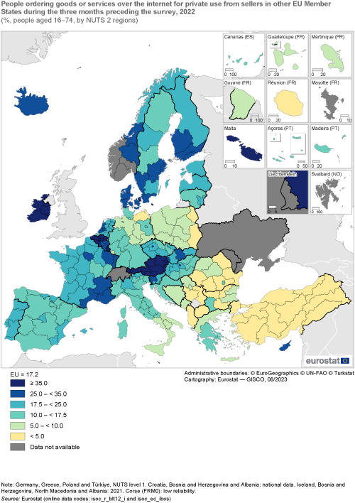Map showing people ordering goods or services over the internet for private use from sellers in other EU Member States during the three months preceding the survey as percentage share of people aged 16 to 74 years by NUTS 2 regions in the EU and surrounding countries. Each region is colour-coded based on a percentage range for the year 2022.