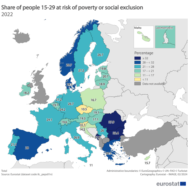 a map showing the share of young people at risk of poverty or social exclusion in 2022as a percentage for ages 15 to 29 in the EU, the euro area, EU Member States and some of the EFTA countries and candidate countries.