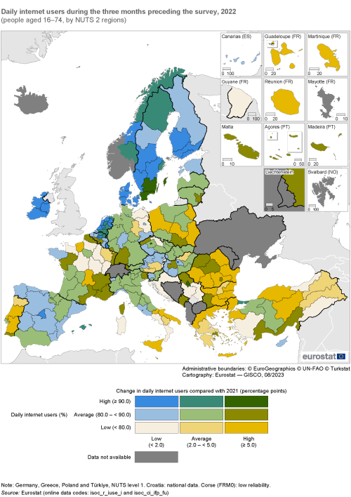 Map showing daily internet users during the three months preceding the survey as percentage share of people aged 16 to 74 years by NUTS 2 regions in the EU and surrounding countries. Each region is colour-coded based on a percentage range for the year 2022.