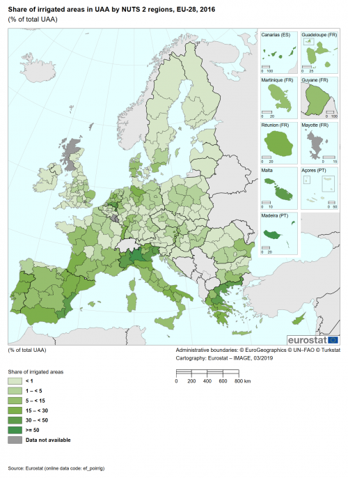 a map showing the share of irrigated areas in UAA by NUTS 2 regions in the EU-28 in the year 2016 as a percentage of total UAA.