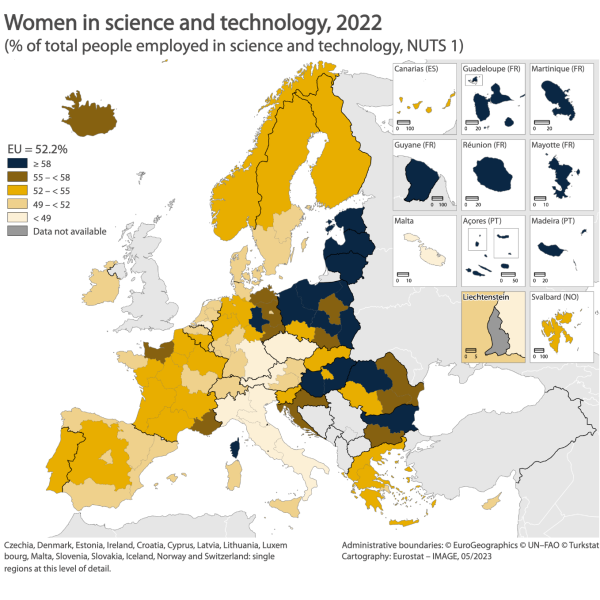 A colour-coded map of Europe showing the share of women in science and technology for the year 2022. Data are shown as percentage of total people employed in science and technology for the EU Member States, NUTS 1 region