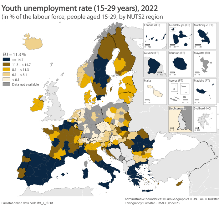 Map showing youth unemployment rate as percentage share of labour force aged 15 to 29 years in the EU and surrounding countries. Each NUTS 2 region is colour coded within certain percentage ranges for the year 2022.