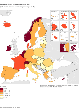 Map showing underemployed part-time workers in percentage of the total labour market slack aged 15 to 74 years in the EU and surrounding countries for the year 2022. Each country is colour-coded within certain ranges.