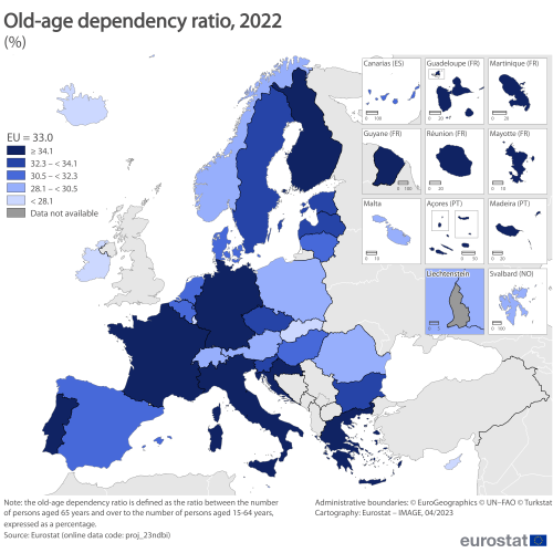 Map of the EU Member States and surrounding countries showing the old-age dependency ratio in percentages for the year 2022. Each country is colour-coded within certain ranges.