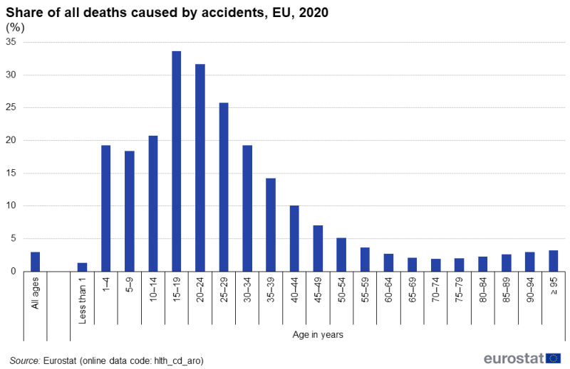 a vertical bar chart showing the share of all deaths caused by accidents in the EU in 2020.
