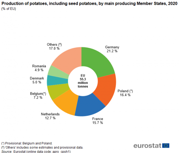 a donut chart showing the production of potatoes, including seed potatoes, by main producing Member States in 2020, the segments show the countries, Germany, Poland, France, Netherlands, Belgium, Denmark, Romania and others.