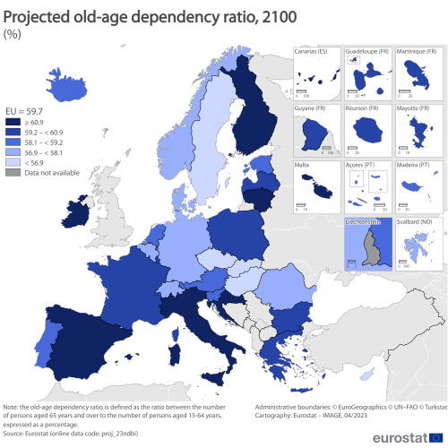 Map of the EU Member States and surrounding countries showing the projected old-age dependency ratio in percentages for the year 2100. Each country is colour-coded within certain ranges.