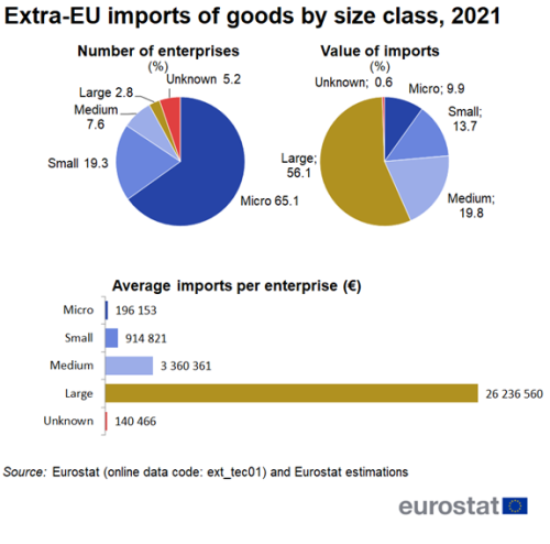 A double pie chart showing the extra-EU imports of goods by size class for the year 2021. The pie chart on the left shows the number of enterprises as a percentage, the pie chart on the right shows the value of imports as a percentage. Below the pie charts there are five horizontal bars presenting the average imports per enterprise by size class in euro.