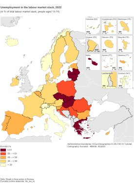 Map showing unemployment in the labour market slack in percentage of the total labour market slack aged 15 to 74 years in the EU and surrounding countries for the year 2022. Each country is colour-coded within certain ranges.