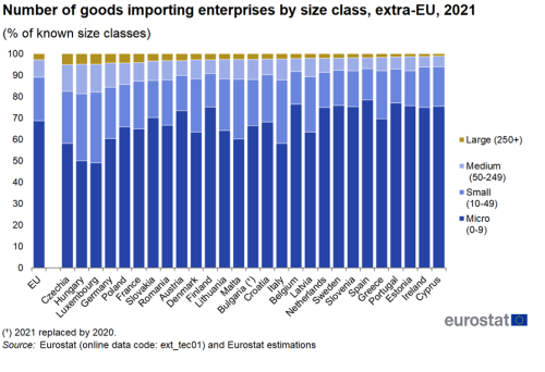 A stacked vertical bar chart showing the number of goods importing enteprises for extra-EU by size class for the year 2021. Data are shown as a percentage of known size classes for the EU and the EU Member States.
