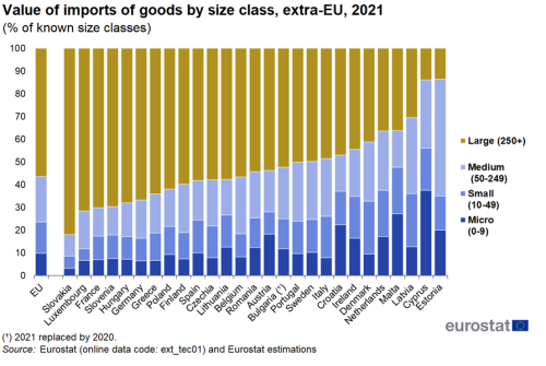 A stacked vertical bar chart showing the value of extra-EU imports of goods by size class for the year 2021. Data are shown as a percentage of known size classes for the EU and the EU Member States.