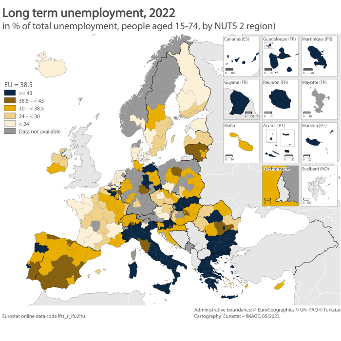 Map showing long term unemployment as percentage of total unemployment of people aged 15 to 74 years in the EU and surrounding countries. Each NUTS 2 region is colour coded within certain percentage ranges for the year 2022.