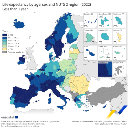 a map on life expectancy by years at birth by NUTS 2 region for 2022.