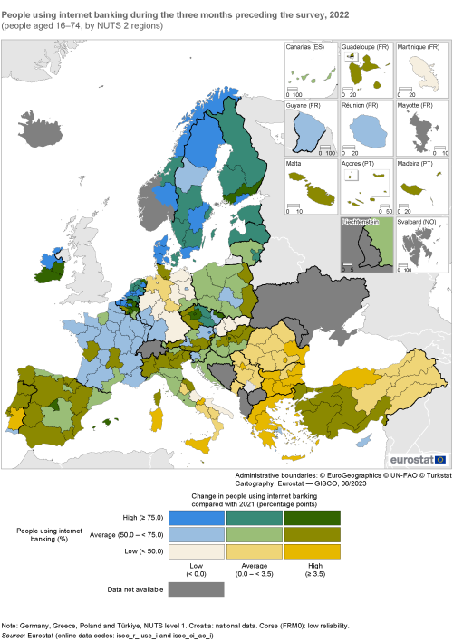 Map showing people using internet banking during the three months preceding the survey as percentage share of people aged 16 to 74 years by NUTS 2 regions in the EU and surrounding countries. Each region is colour-coded based on a percentage range for the year 2022.