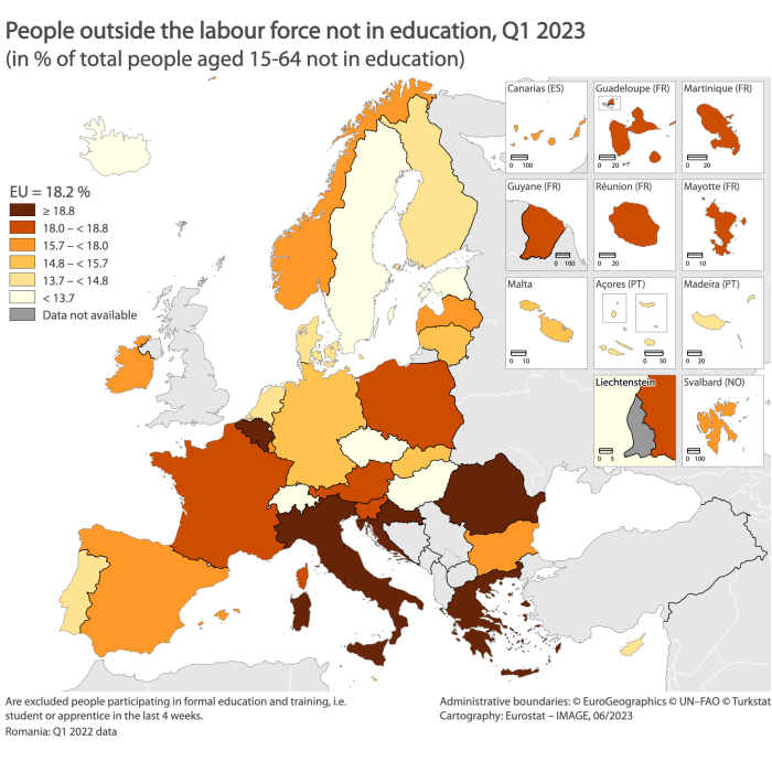 Map showing people outside the labour force not in education in the EU Member States and surrounding countries. Each country is colour-coded based on the range in percentage of total people aged 15 to 64 years not in education for the first quarter of 2023.