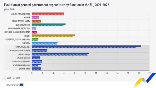 A horizontal bar chart showing the evolution of total general government expenditure in the EU in 2021 and 2022 as a percentage of GDP. There are sixteen bars show the years for each of the different government expenditure categories.