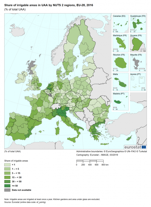 a map showing the share of irrigable areas in UAA by NUTS 2 regions in the EU-28 for the year 2016.