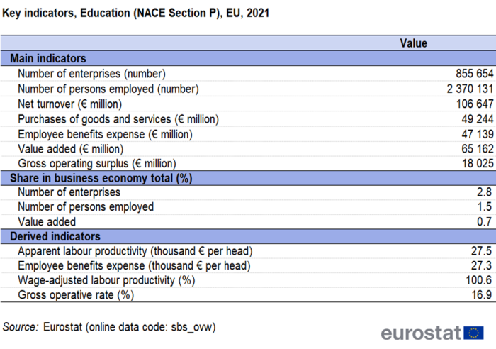 Table showing the value of key indicators in education in the EU for the year 2021.
