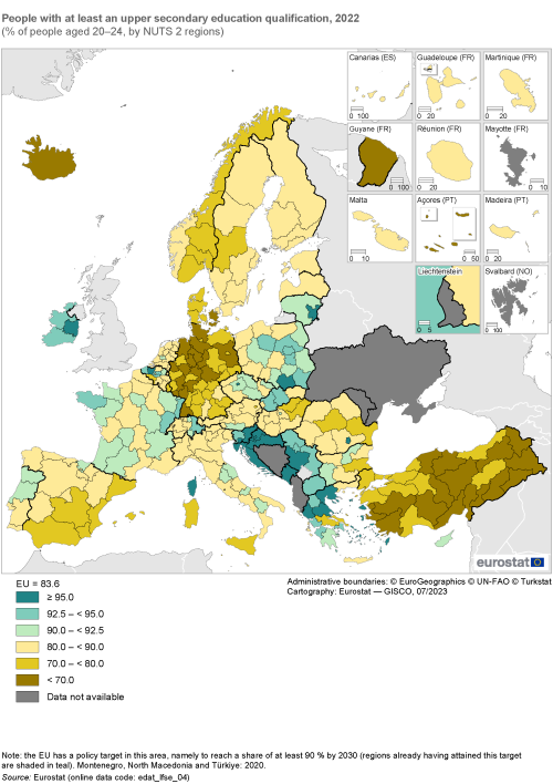 Map showing people with at least an upper secondary education qualification as percentage of people aged 20 to 24 years by NUTS 2 regions in the EU. Each region is colour-coded based on a percentage range for the year 2021.