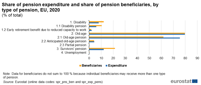 Horizontal bar chart showing percentage of total share of pension by type of pension for the EU. Nine types of pensions each have two bars representing beneficiaries and expenditure for the year 2020.