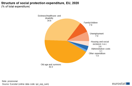 a pie chart showing the Structure of social protection expenditurein the EU in 2020 as a percentage of total expenditure. The segments show family and children, unemployment, housing and social exclusion, administration costs, other expenditure, old age and survivors and sickness healthcare and disability.
