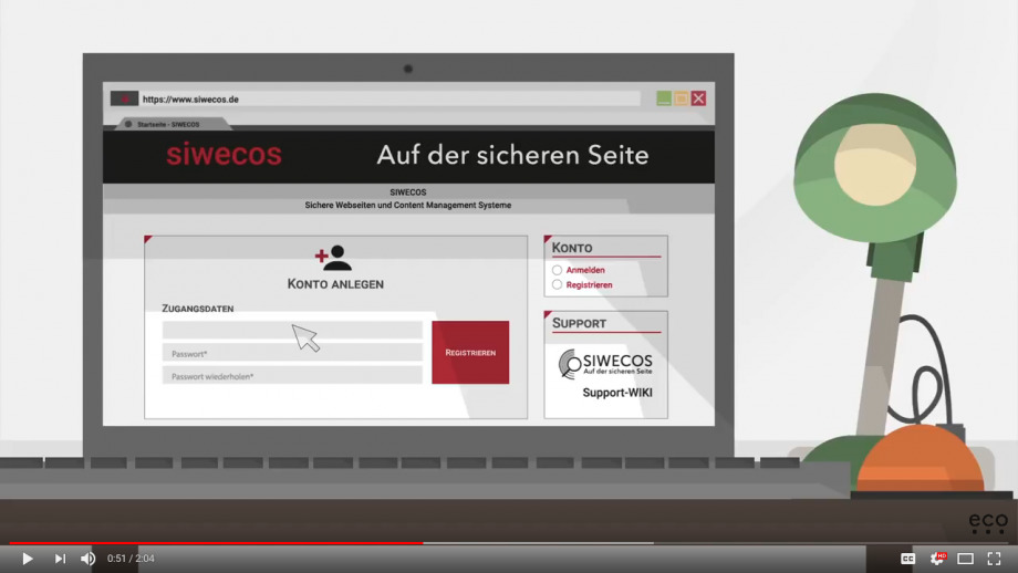 The screenshot from the Youtube introduction shows a (cartoon-like) representation of the Siwecos vulnerability scan on a computer, with a desk lamp on the right