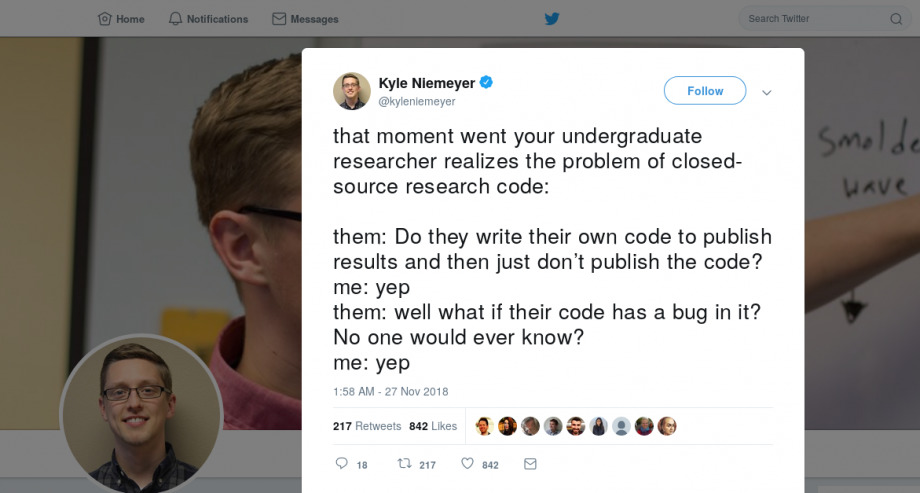 The image shows a twitter message illustrating the problem of closed source software in science