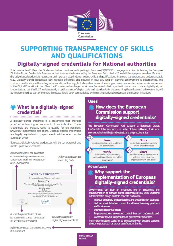 Supporting transparency of skills and qualifications – Digitally-signed credentials for National authorities