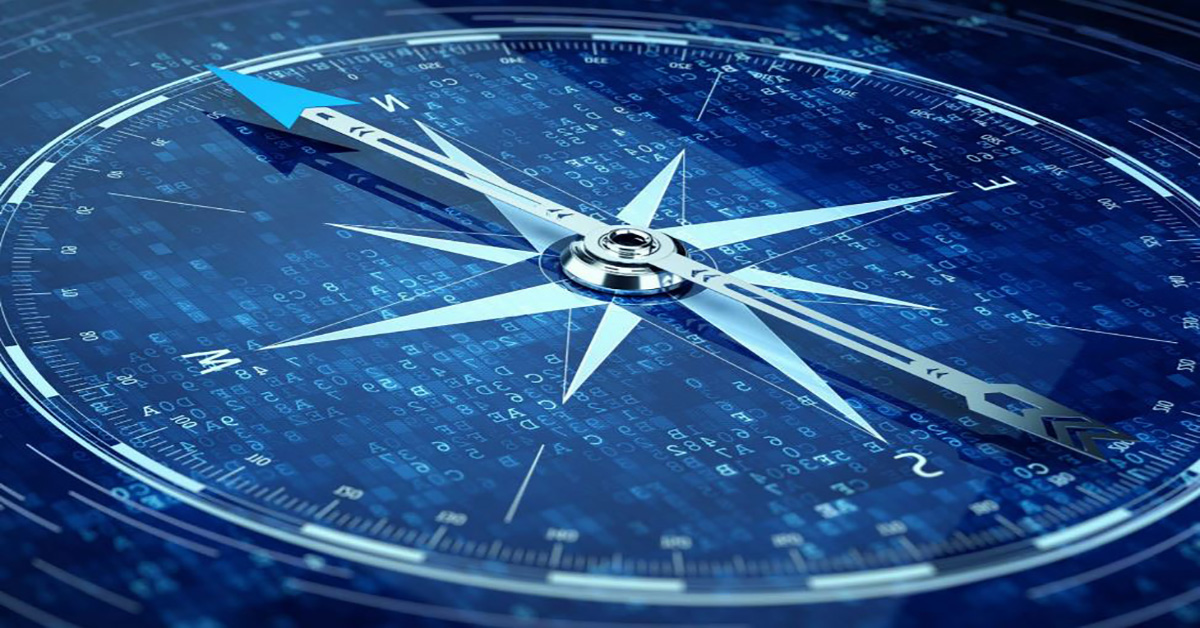 Picture of high-tech compass against a blue and luminous digital background