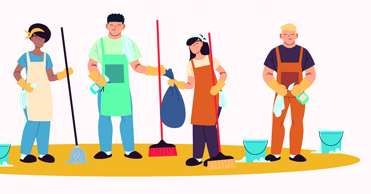Cleaning service team with gloves and cleaning utensils design