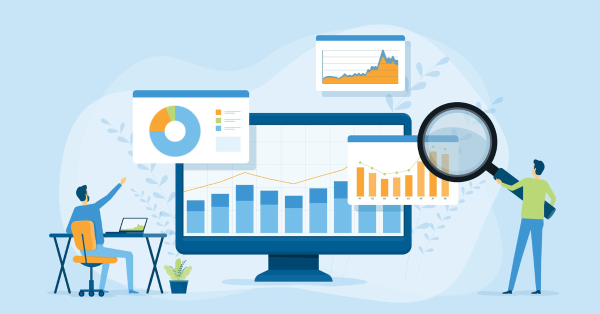 Flat vector design statistical and Data analysis for business finance investment concept with business people team working on monitor graph dashboard 