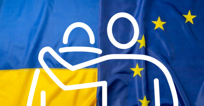 Illustration evoking European solidarity with Ukraine: silhouette of a person holding the shoulder of someone else, EU and Ukraine flags on the background