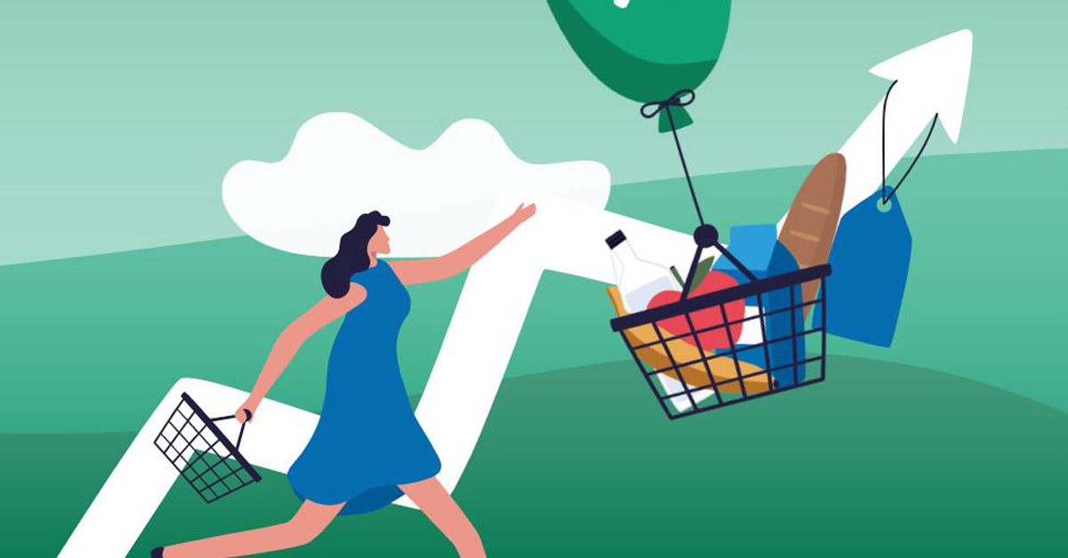 Animation of lady chasing a shopping basket full of food