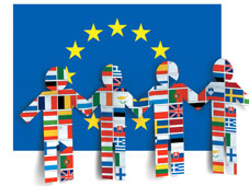 Human figures formed by flags holding hands with EU flag in the background