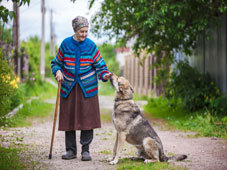 Elderly woman with a dog in countryside 