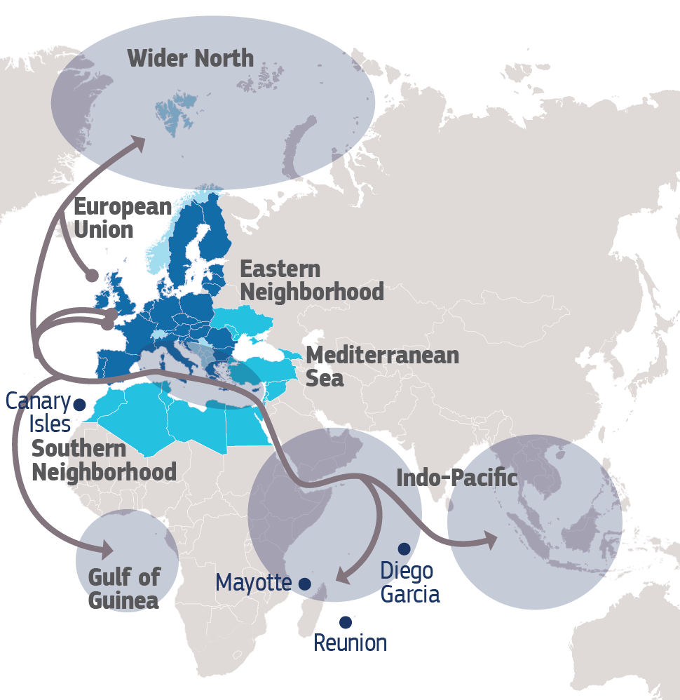 EU map showing different routes and areas of strategic interest.