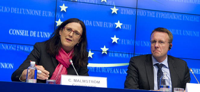 Cecilia Malmström and Danish Minister for Justice Morten Bodskov at the press conference following the Council meeting. Photo: European Council