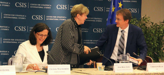 Cecilia Malmström (left), Jane Holl Lute, Deputy U.S. Secretary of Homeland Security, and Christoph Raab from the European Security Round Table at the conference in Washington D.C. Photo: CSIS